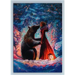 WOMAN in RED and BROWN BEAR in Snow Forest Fantasy Russian New Postcard