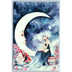 PRETTY WOMAN LADY read BOOK Tea Cup Jug MOON Night Fantasy New Postcard