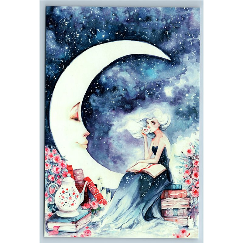 PRETTY WOMAN LADY read BOOK Tea Cup Jug MOON Night Fantasy New Postcard