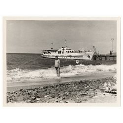 1950s Shirtless Man Older on beach. Soviet yacht boat Russian Vintage Photo