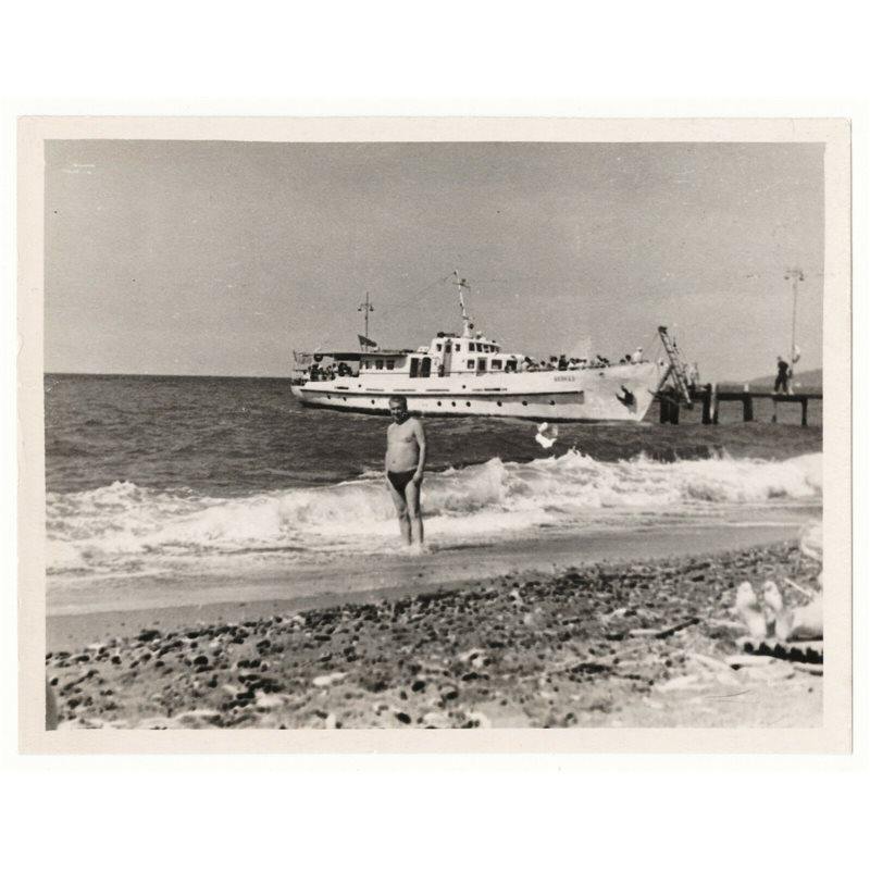 1950s Shirtless Man Older on beach. Soviet yacht boat Russian Vintage Photo