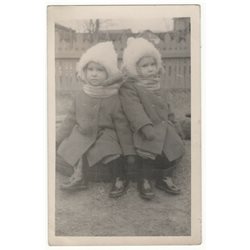 1970s TWINS in in autumn clothes, hat Yard Fashion USSR Soviet Original Photo