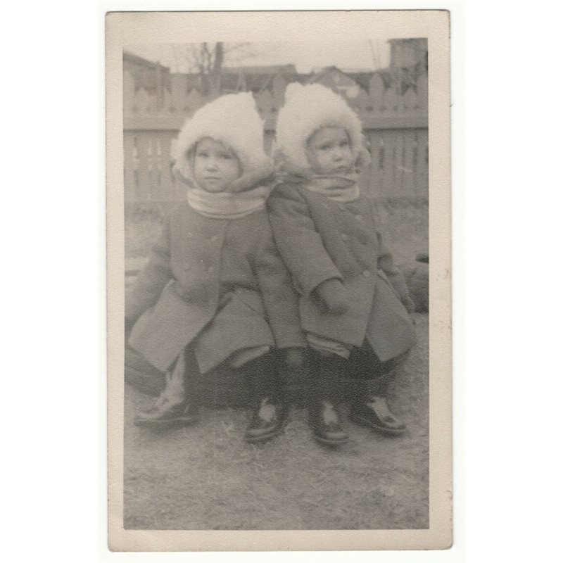 1970s TWINS in in autumn clothes, hat Yard Fashion USSR Soviet Original Photo