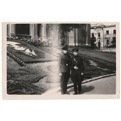 1950s 2 Soviet officers in uniform Park architecture USSR Soviet Original Photo