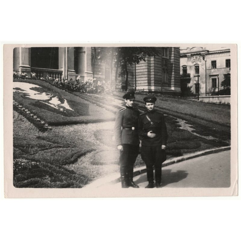 1950s 2 Soviet officers in uniform Park architecture USSR Soviet Original Photo