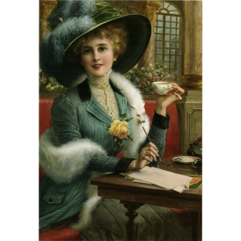 Pretty Woman in Cafe tea party time Letter by Emil Vernon Russia Modern Postcard