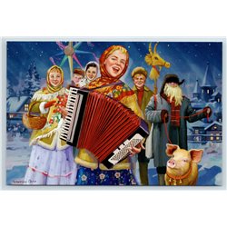 PRETTY WOMEN Ethnic Costume CAROLS Pig Holidays accordion Winter Modern Postcard