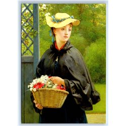 PRETTY YOUNG LADY with basket of flowers by Leslie New Unposted Postcard