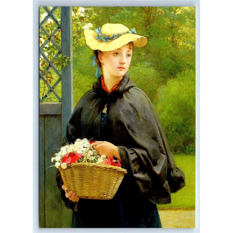 PRETTY YOUNG LADY with basket of flowers by Leslie New Unposted Postcard