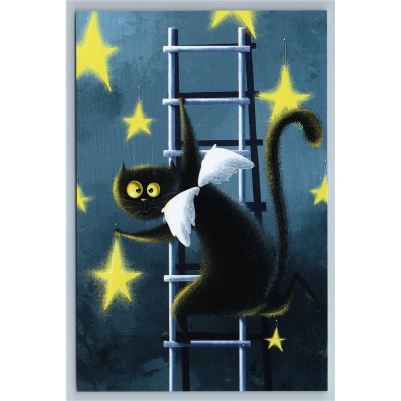 FUNNY CAT hangs Stars Angel Astrocat Art Russian Modern postcard