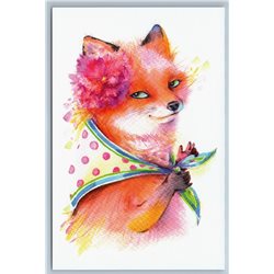 RED FOX in a scarf with a flower Fancy Art Russian Modern postcard