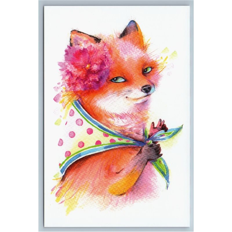 RED FOX in a scarf with a flower Fancy Art Russian Modern postcard