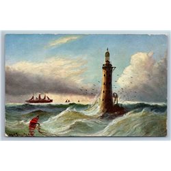 1900's LIGHTHOUSE in Sea Storm Sailing ship Seascape Antique Postcard