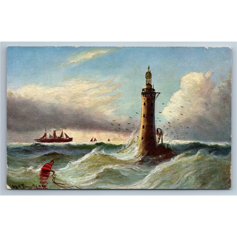 1900's LIGHTHOUSE in Sea Storm Sailing ship Seascape Antique Postcard