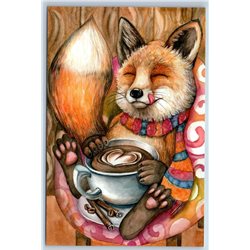 CUTE RED FOX with COFFEE cup Teatime Art Russian New Postcard