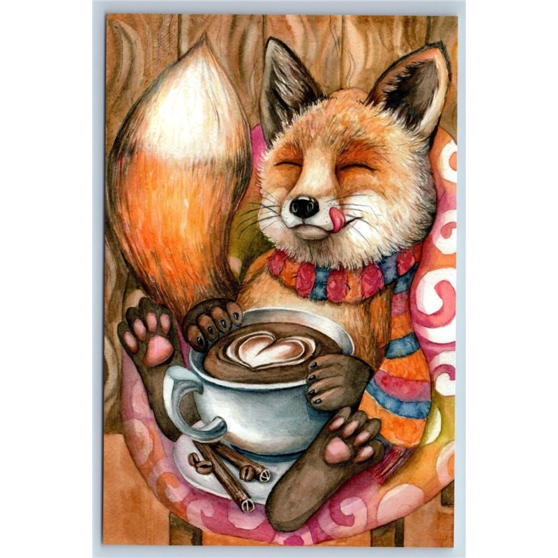 CUTE RED FOX with COFFEE cup Teatime Art Russian New Postcard