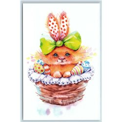 CUTE BUNNY RABBIT Easter in Basket with BOW Art Russian New Postcard