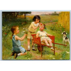 LITTLE GIRLS play with Carriage Dog in Field by Gilbert New Unposted Postcard