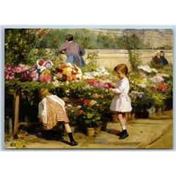 LITTLE GIRLS in open flower shop Victorian Art by Gilbert New Unposted Postcard