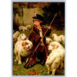 LITTLE BOY with Dogs & Rifle Shepherd by Barber New Unposted Postcard