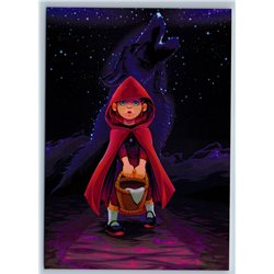 LITTLE RED RIDING HOOD and Starry howling WOLF Russian Unposted Postcard