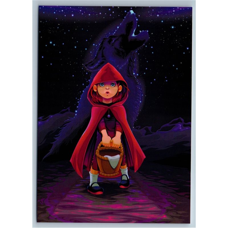 LITTLE RED RIDING HOOD and Starry howling WOLF Russian Unposted Postcard