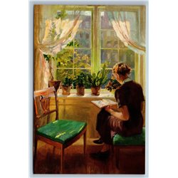 GIRL with BOOK Window Interior by Panitzsch Russian Unposted Postcard