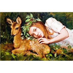 LITTLE GIRL with Baby DEER in Forest Friends Russian Unposted Postcard