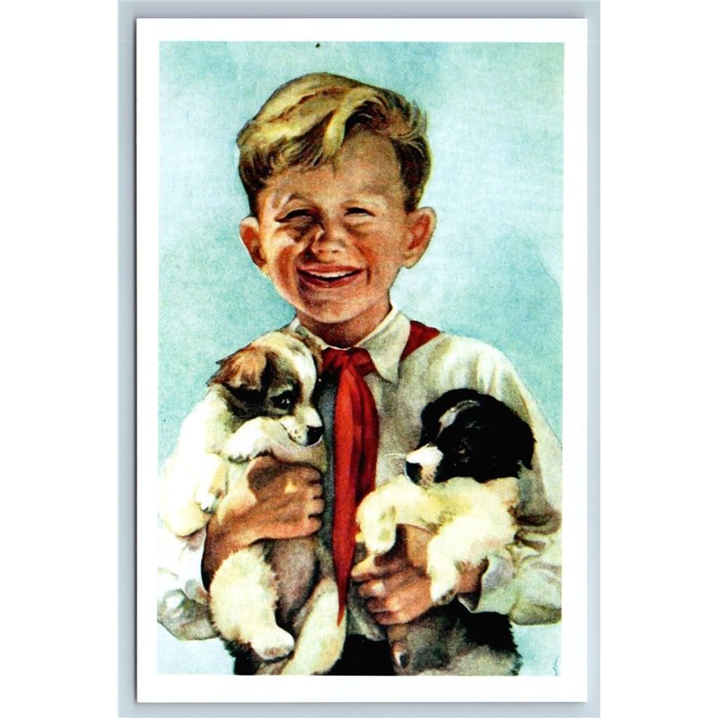 SOVIET PIONEER Little Boy with puppies Dog Russian Postcard