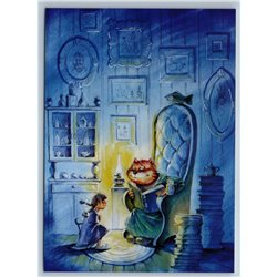 LITTLE GIRL & CAT Bedtime Story Tale BOOK Lamp New Unposted Postcard