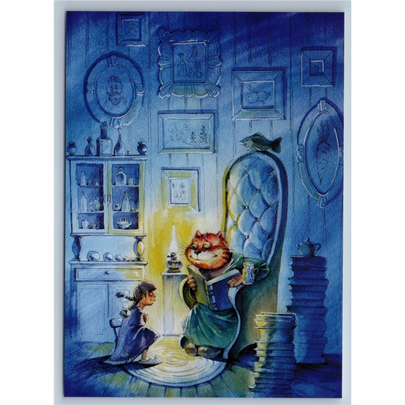 LITTLE GIRL & CAT Bedtime Story Tale BOOK Lamp New Unposted Postcard