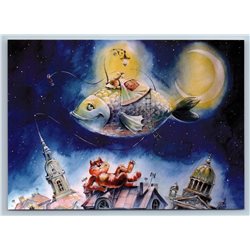 LITTLE GIRL sleeps on Fish & CAT on roof Fantasy Dream New Unposted Postcard