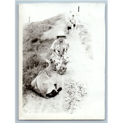 1980s PRETTY YONG GIRL in Hat with Goat on Road Russian Photo