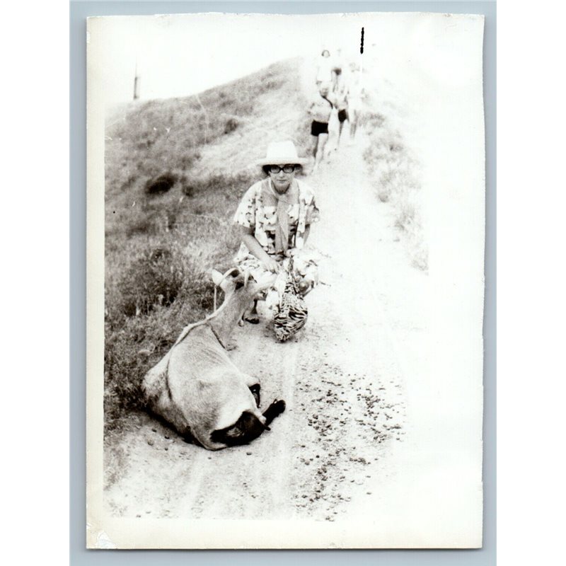 1980s PRETTY YONG GIRL in Hat with Goat on Road Russian Photo