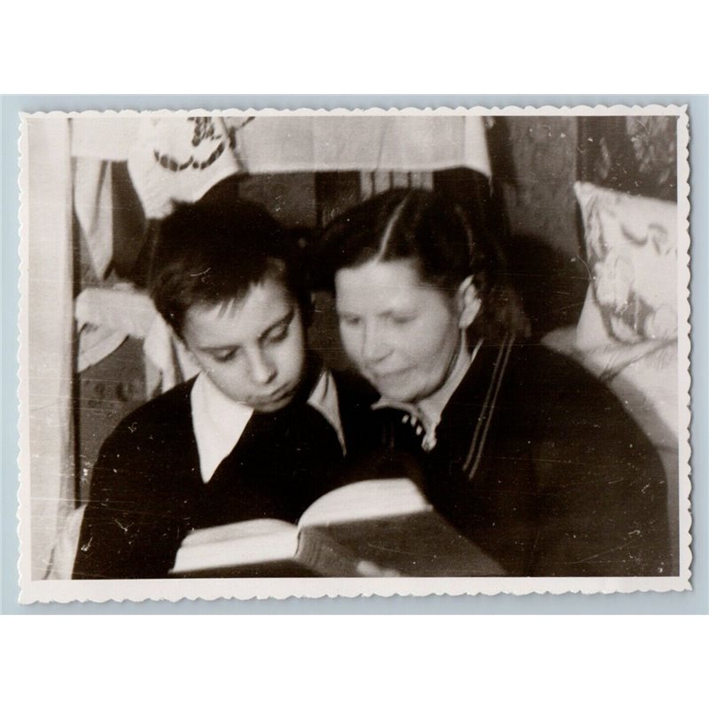 1959 SOVIET BOY read BOOK with Woman Peasant Russian Photo