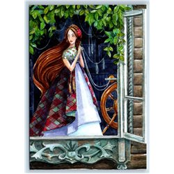 YOUNG GIRL with Spindle Wheel Window by Fefelova New Unposted Postcard