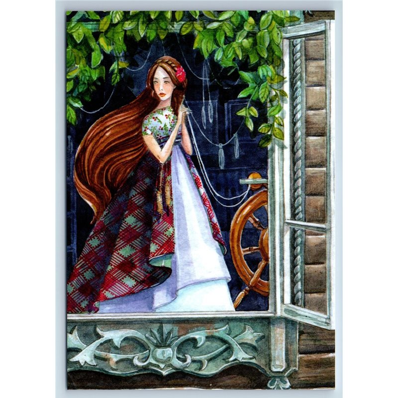 YOUNG GIRL with Spindle Wheel Window by Fefelova New Unposted Postcard