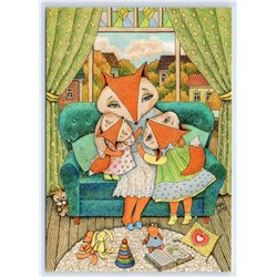 RED FOX FAMILY Little Daughters on Sofa Window Fantasy New Postcard