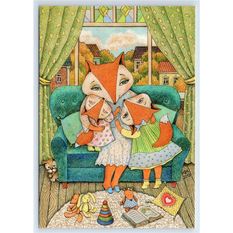 RED FOX FAMILY Little Daughters on Sofa Window Fantasy New Postcard