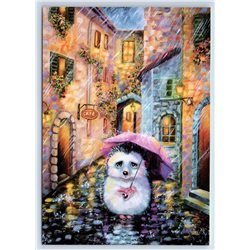 SAD HEDGEHOG with Umbrella Rain in City Alone Ill. Russian Unposted Postcard