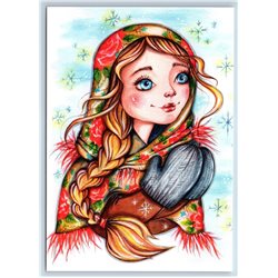 LITTLE GIRL Russian Beauty in Shawl Winter Gloves ill. Russian Unposted Postcard