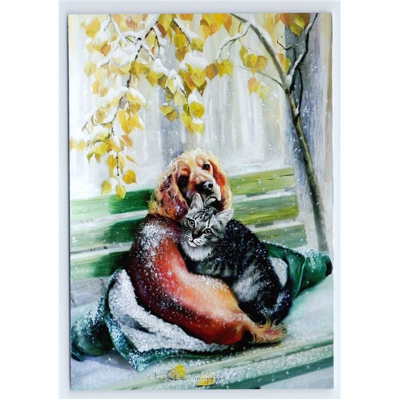 HOMELESS CAT & DOG in Coat on Bench Winter Snow ill. New Unposted Postcard