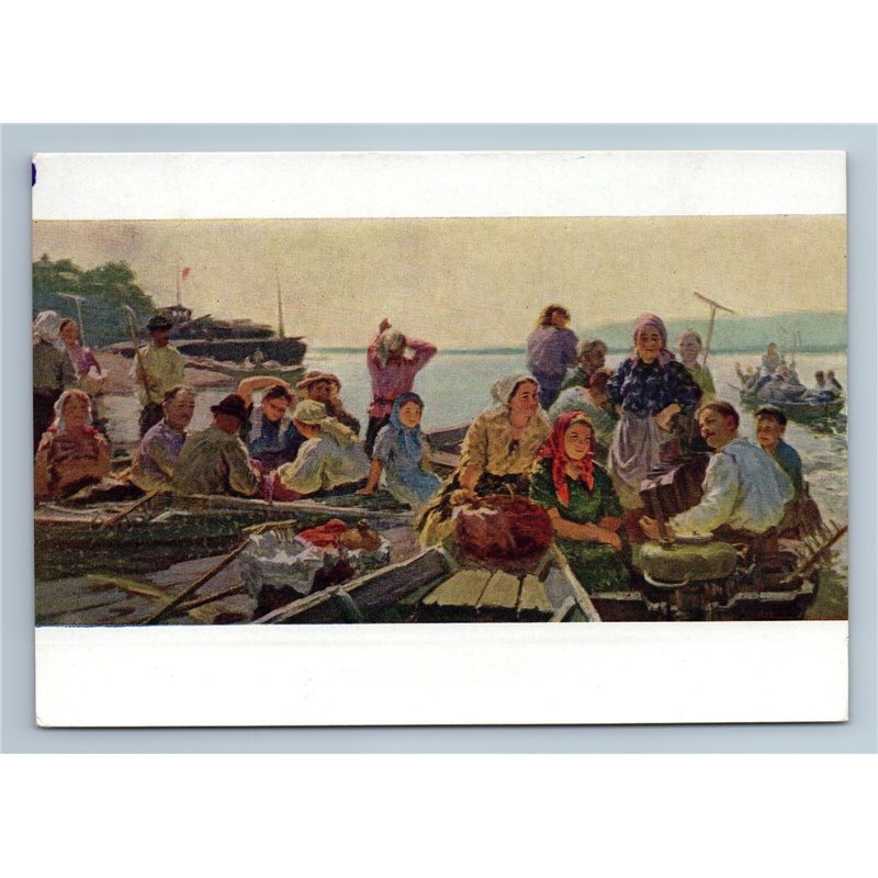 1958 SOVIET PEASANTS Boats Volga River Socialism by Suzdaltsev Vintage Postcard