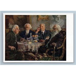 1964 SENIOR MEN table feast Smoke cigarettes by Gerasimov Soviet USSR Postcard