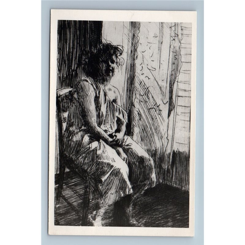 WOMAN in Dress on Chair ANDERS ZORN Etching on RARE Vintage Postcard