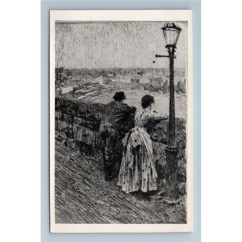 Man and Woman on Embankment ANDERS ZORN Etching on RARE Vintage Postcard