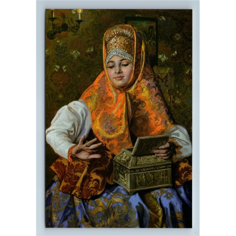 PRETTY WOMAN in Russian Ethnic Folk Costume RINGS Jewelry New Unposted Postcard