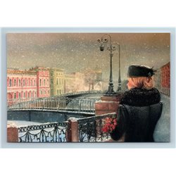 LADY WOMAN on Bridge Snow Winter Russian City Coat New Unposted Postcard