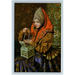 PRETTY WOMAN with JEWELRY BOX Russian Ethnic Folk Cotume New Unposted Postcard