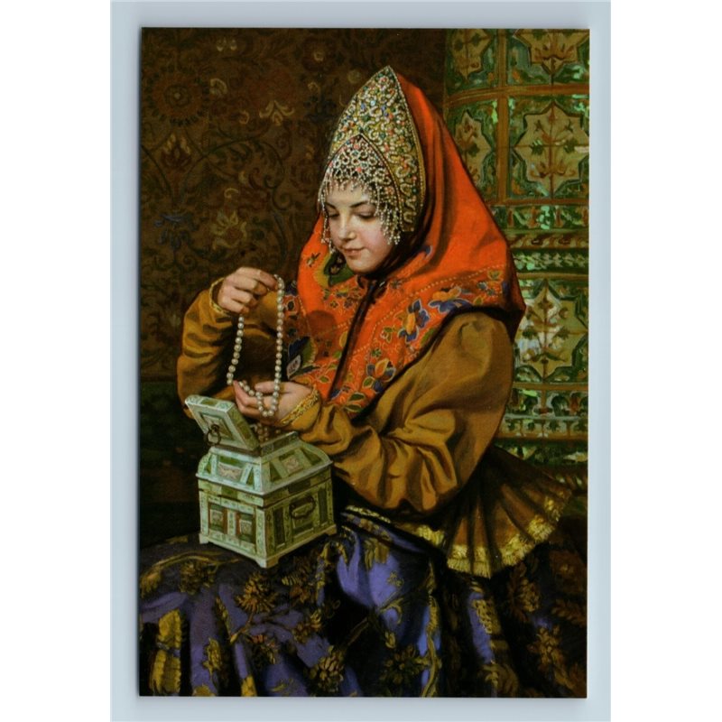 PRETTY WOMAN with JEWELRY BOX Russian Ethnic Folk Cotume New Unposted Postcard